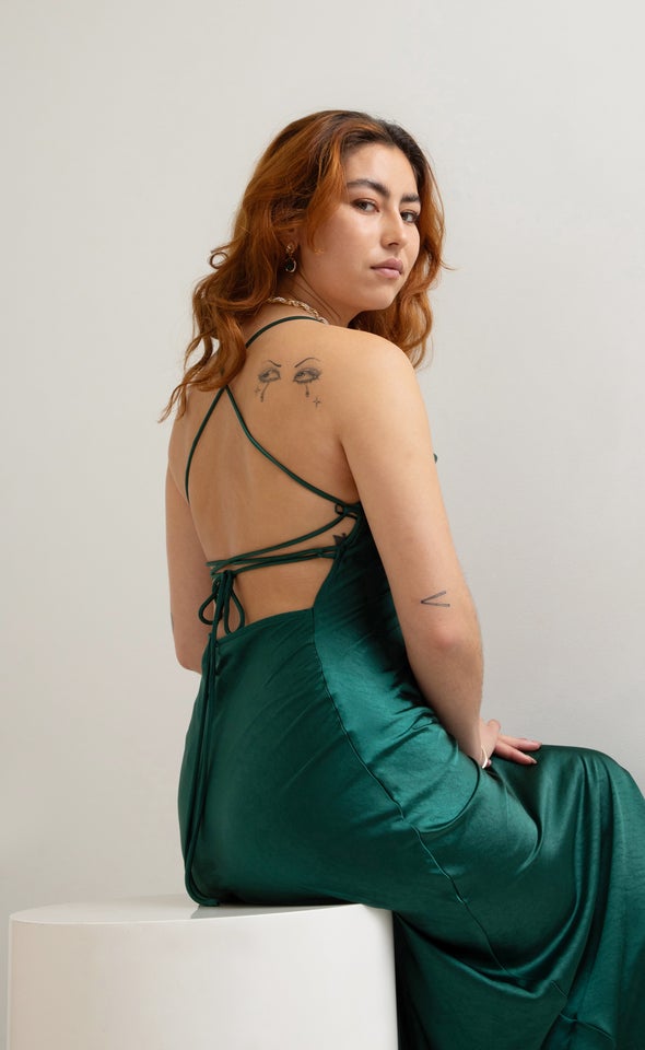 Satin Low Cross Back Gown Forest Green
