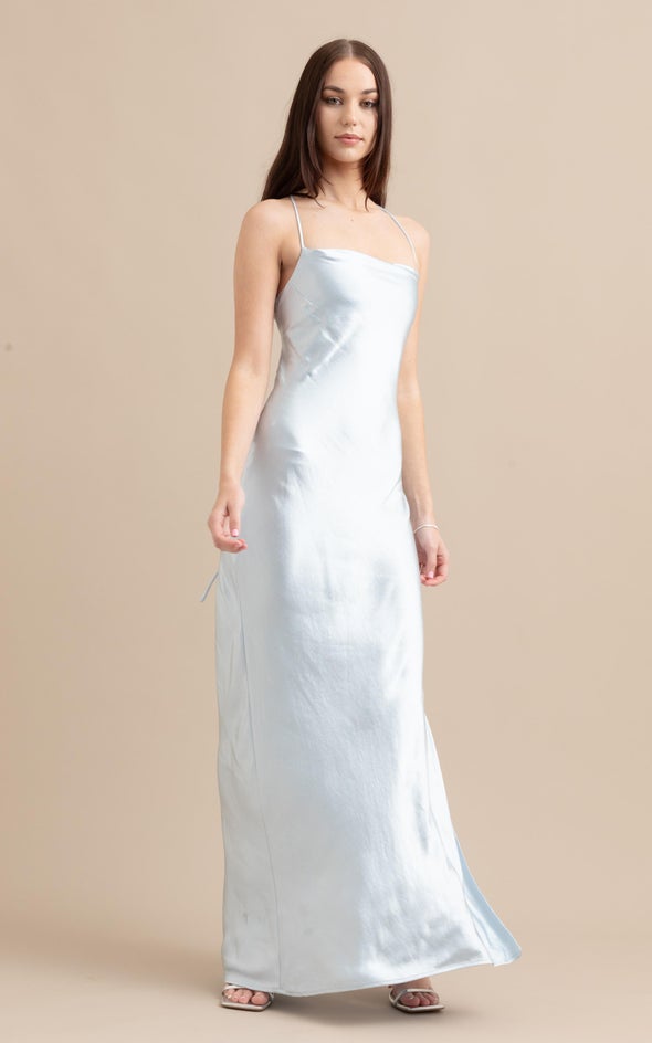 Satin Low Cross Back Gown Ice Blue