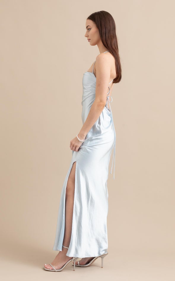Satin Low Cross Back Gown Ice Blue