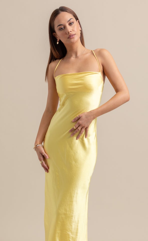 Satin Low Cross Back Gown Lemon