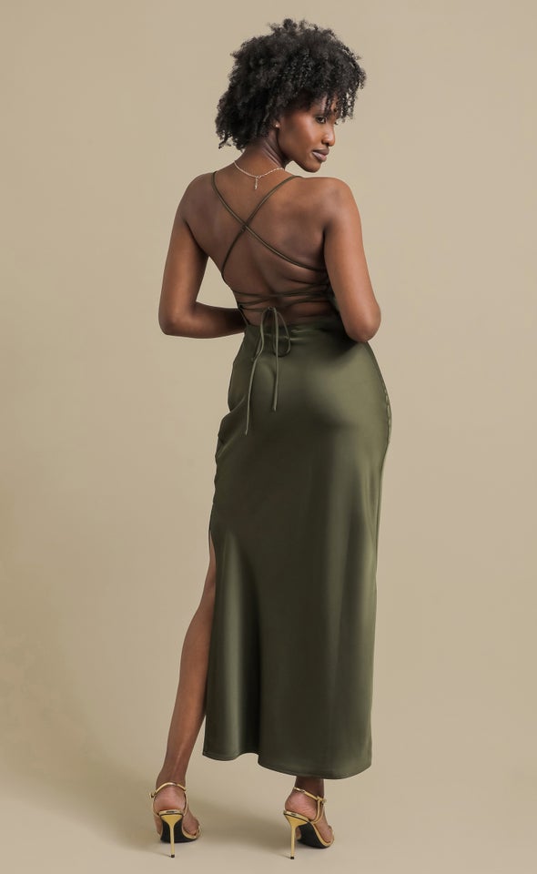 Satin Low Cross Back Gown Olive