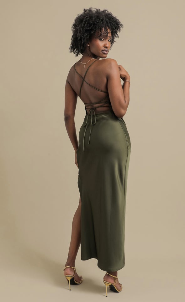 Satin Low Cross Back Gown Olive