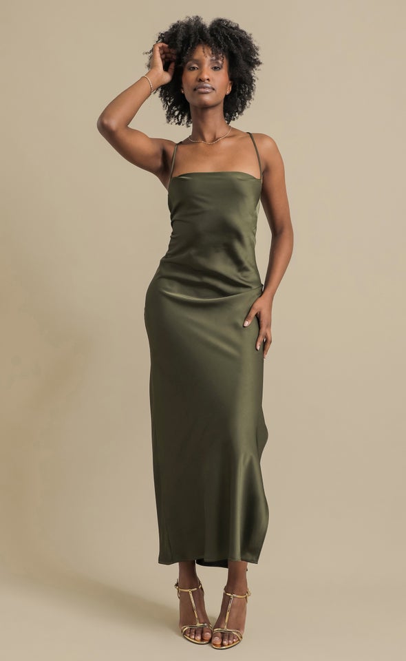 Satin Low Cross Back Gown Olive