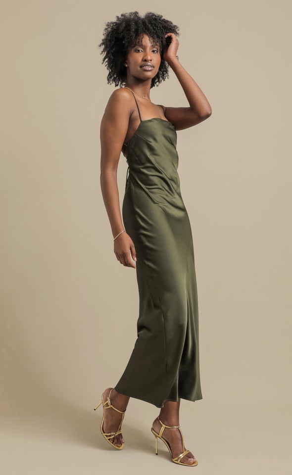 Satin Low Cross Back Gown Olive