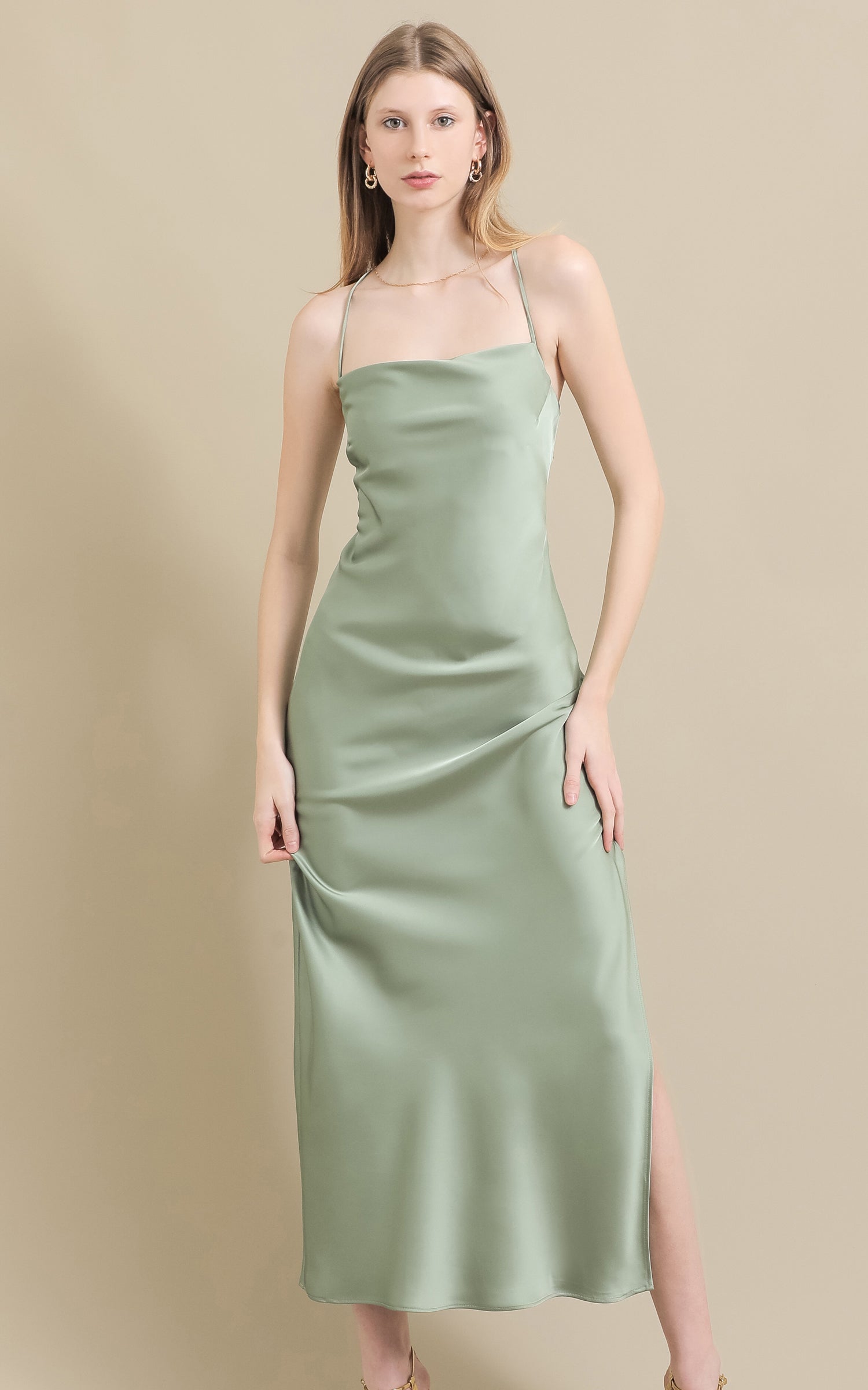 Shop our Satin Low Cross Back Gown in Sage | Pagani