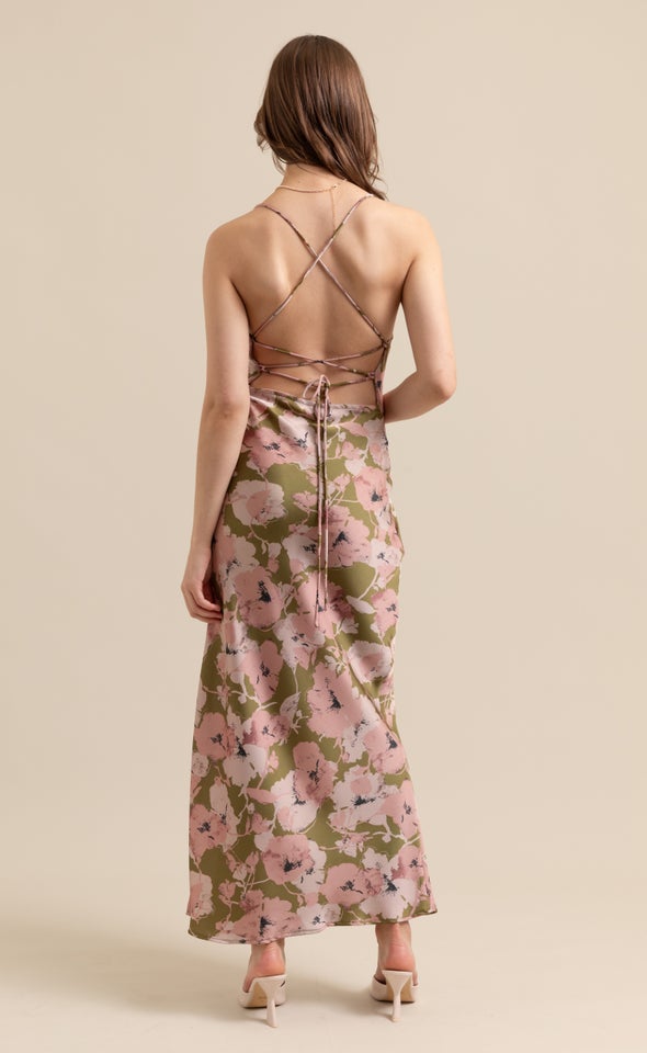 Satin Low Cross Back Maxi Khaki/rose