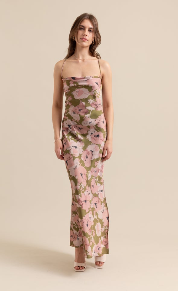 Satin Low Cross Back Maxi Khaki/rose