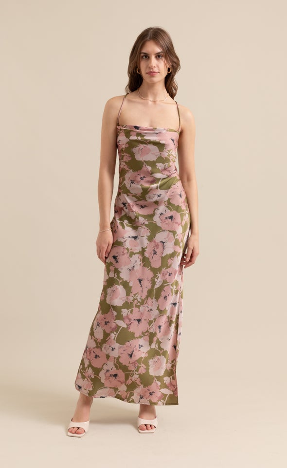 Satin Low Cross Back Maxi Khaki/rose