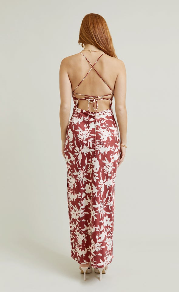 Satin Low Cross Back Maxi Maroon/beige