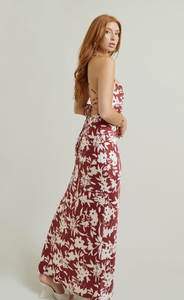Satin Low Cross Back Maxi Maroon/beige
