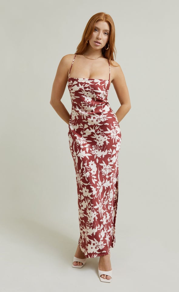 Satin Low Cross Back Maxi Maroon/beige