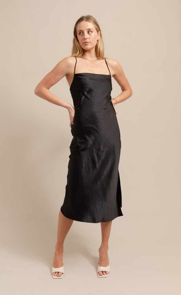 Satin Low Cross Back Midi Dress Black