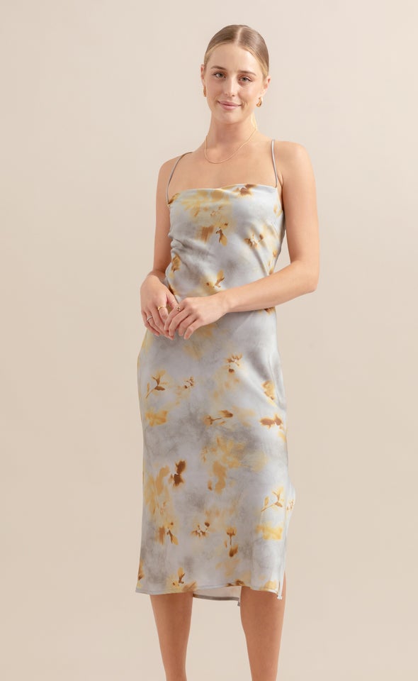 Satin Low Cross Back Midi Dress Blue/ochre