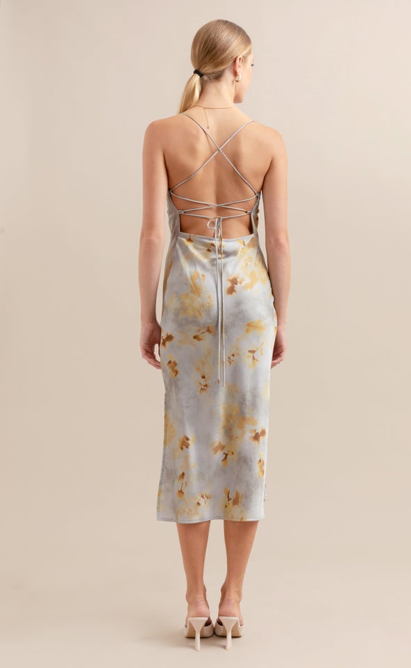 Satin Low Cross Back Midi Dress Blue/ochre