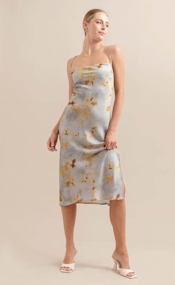 Satin Low Cross Back Midi Dress Blue/ochre