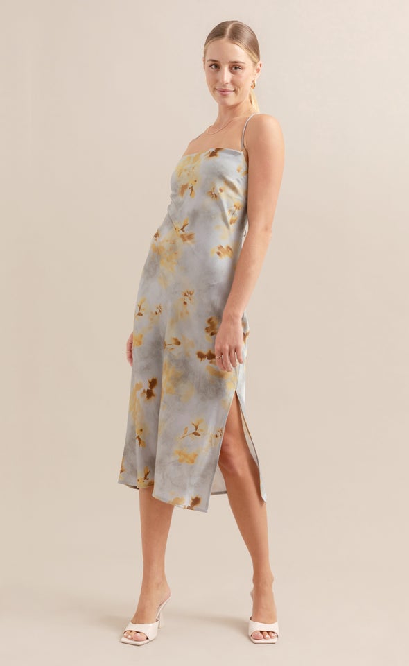 Satin Low Cross Back Midi Dress Blue/ochre