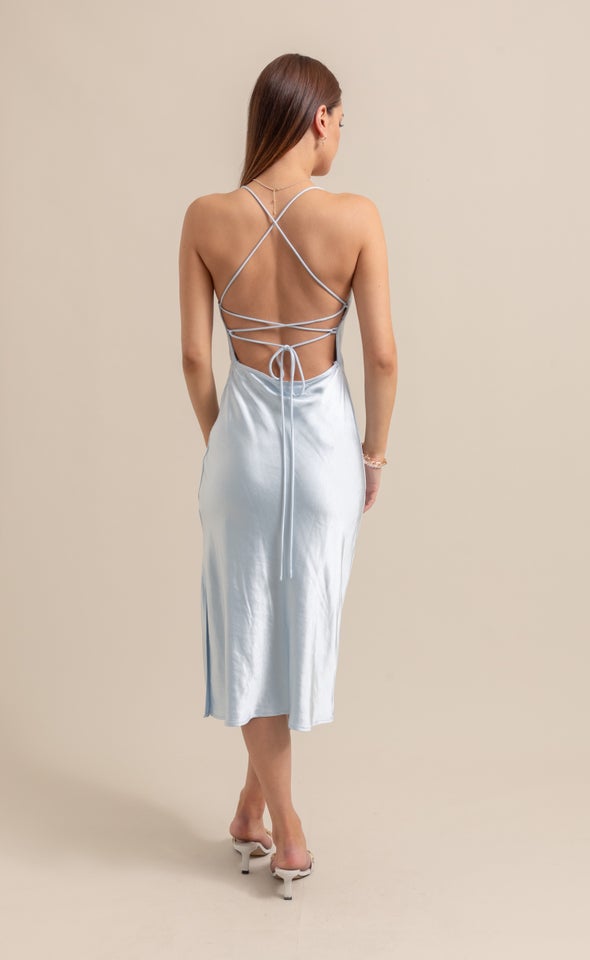 Satin Low Cross Back Midi Dress Ice Blue