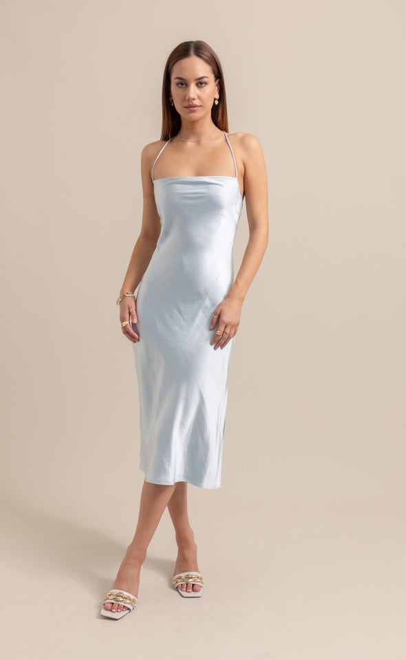 Satin Low Cross Back Midi Dress Ice Blue