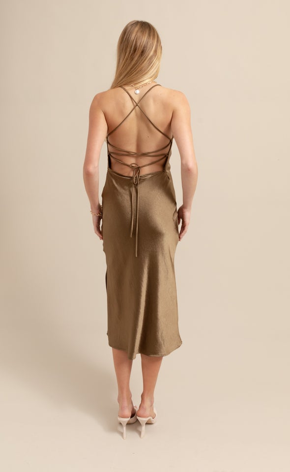 Satin Low Cross Back Midi Dress Khaki