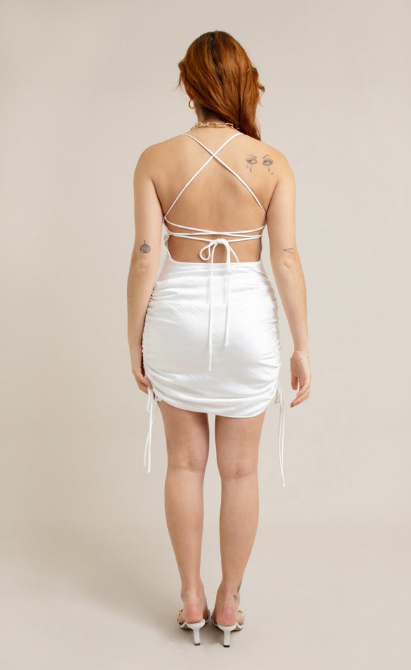 Satin Low Cross Back Mini Dress Cream