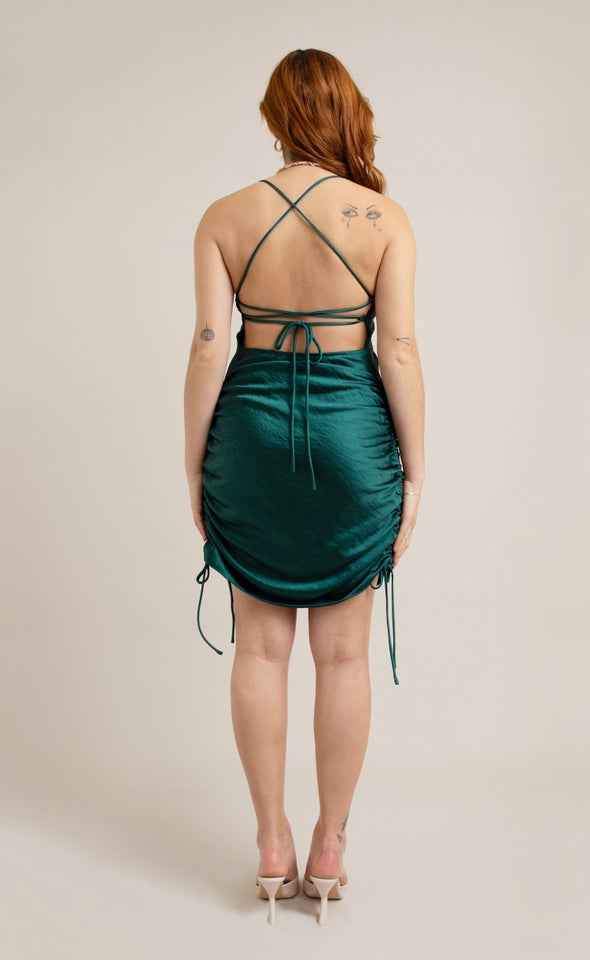 Satin Low Cross Back Mini Dress Emerald