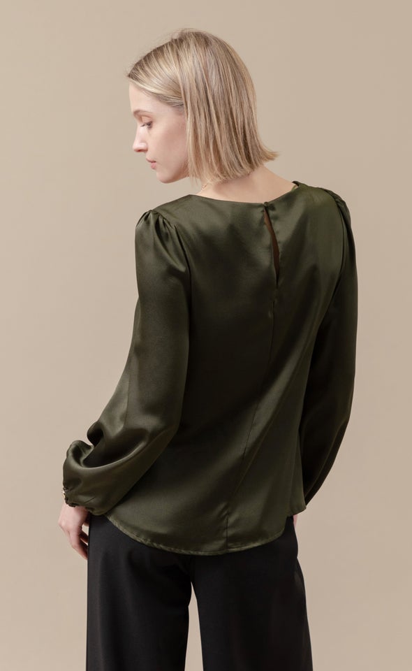 Satin LS Shell Top Forest Green