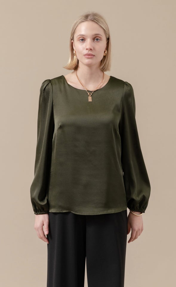 Satin LS Shell Top Forest Green