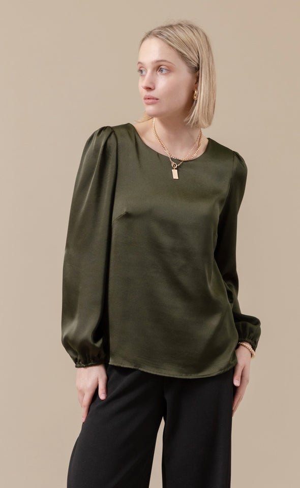 Satin LS Shell Top Forest Green