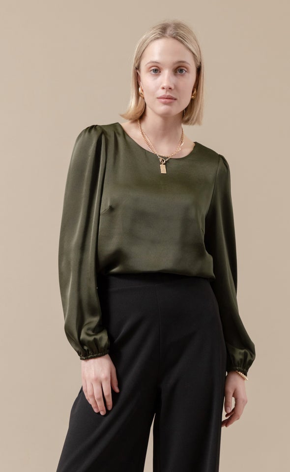 Satin LS Shell Top Forest Green