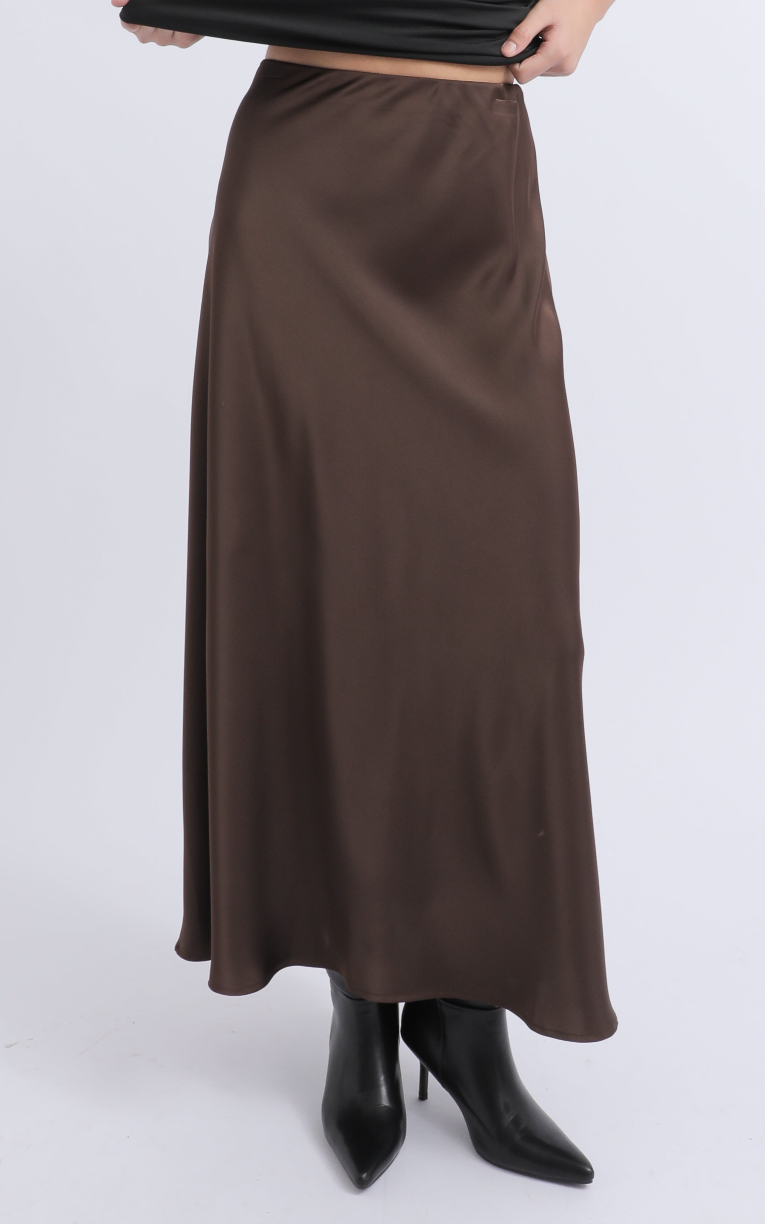Shop our Satin Maxi with Elastic Waist in Chocolate | Pagani