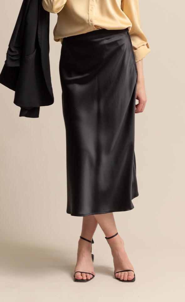 Satin Midi Skirt Black