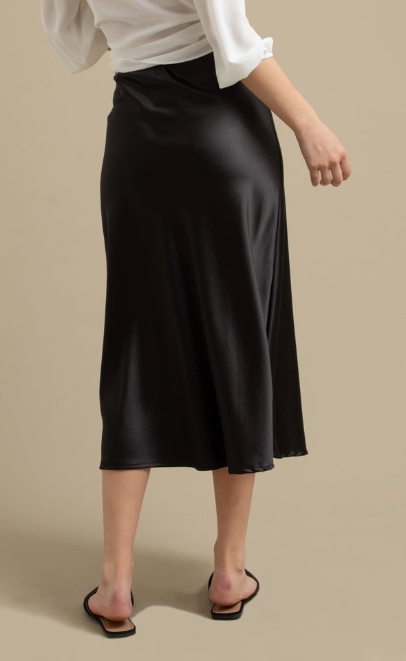 Satin Midi with Elastic Waist Black