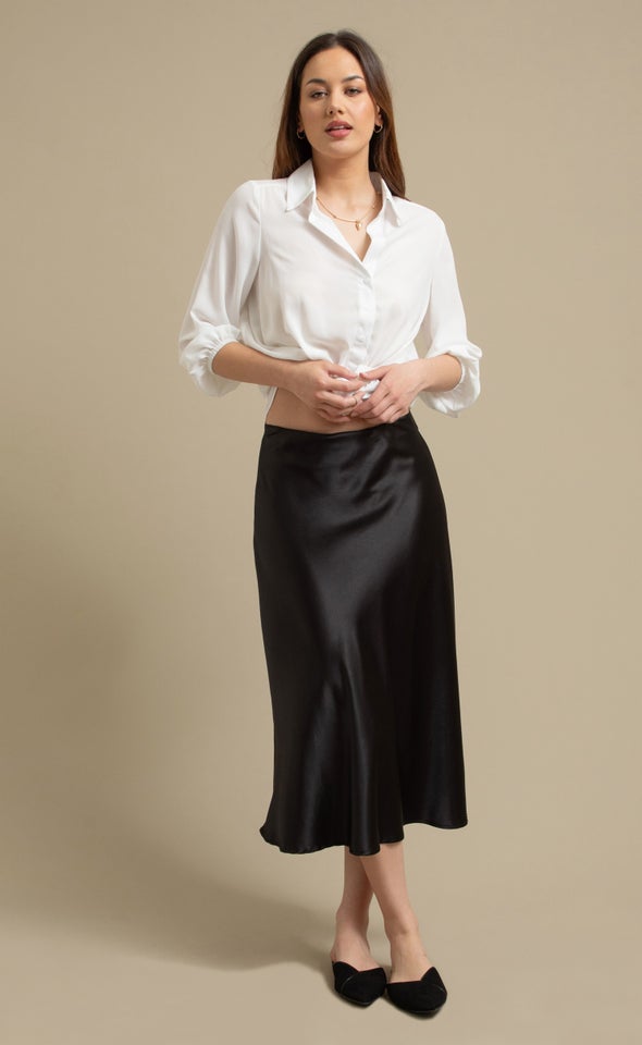 Satin Midi with Elastic Waist Black