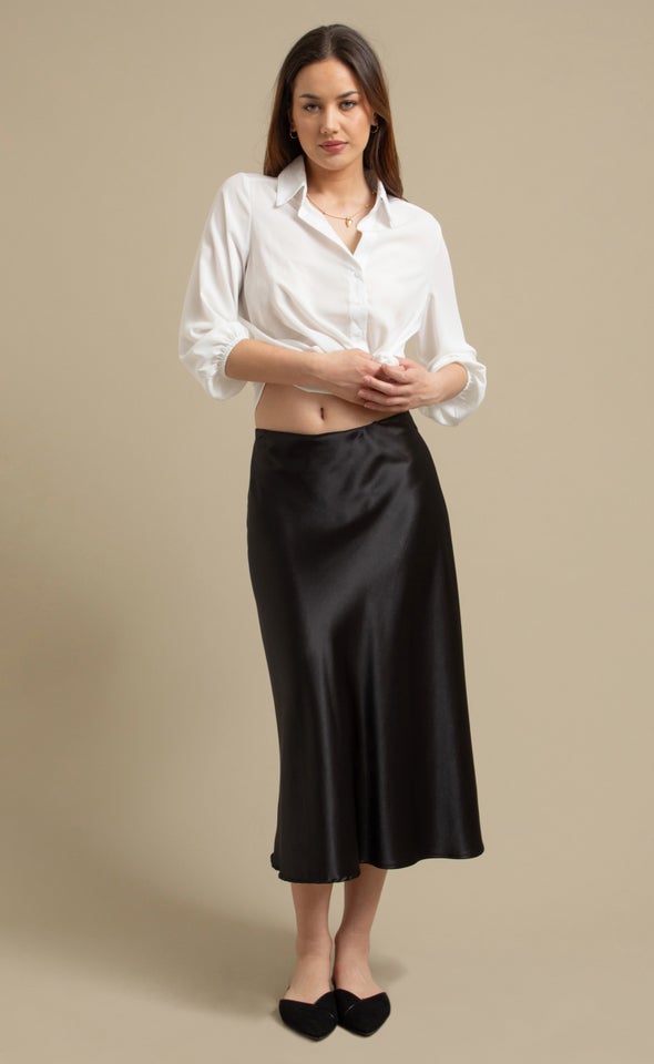 Satin Midi with Elastic Waist Black