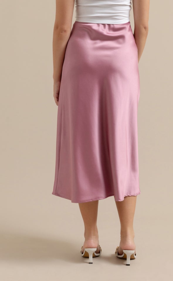 Woven Satin Waist Elastic Band Midi Skirt