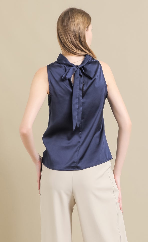 Satin Neck Detail Shell Top Navy