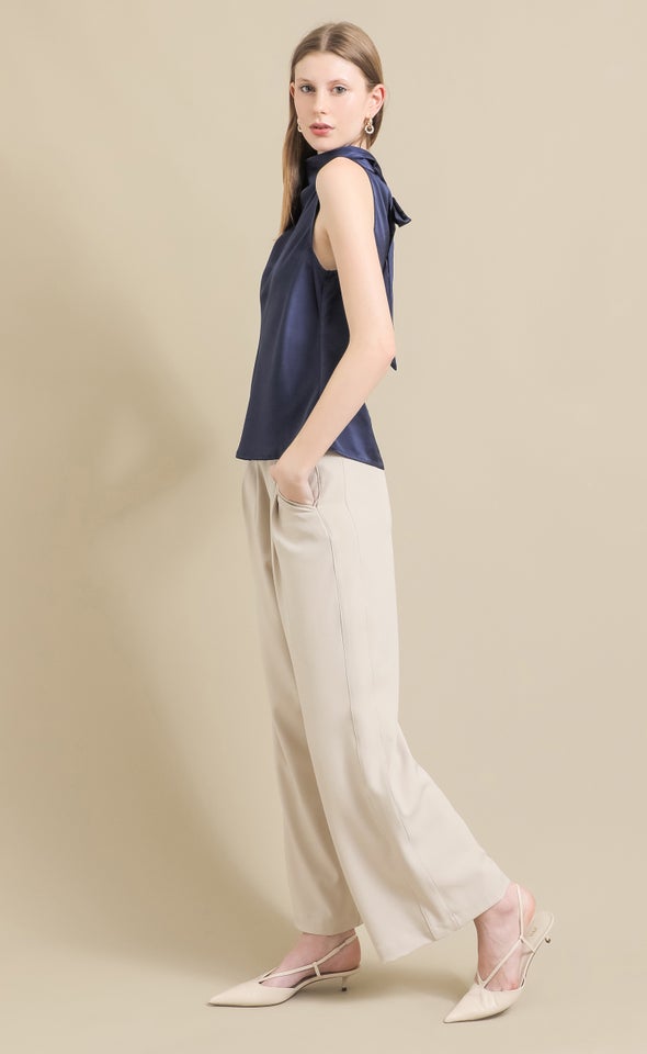 Satin Neck Detail Shell Top Navy