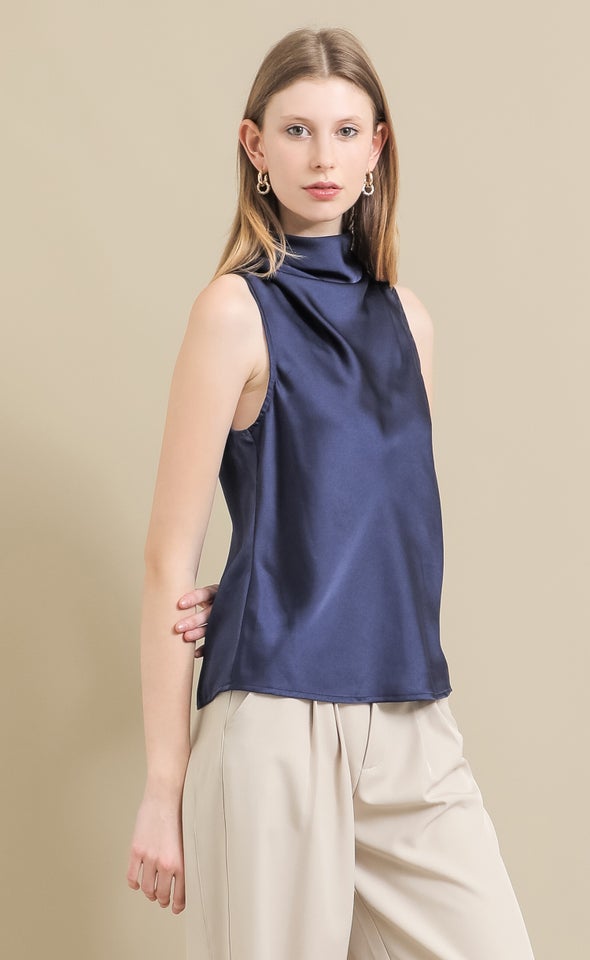 Satin Neck Detail Shell Top Navy
