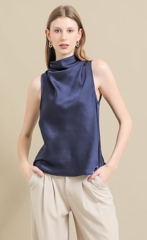 Satin Neck Detail Shell Top Navy