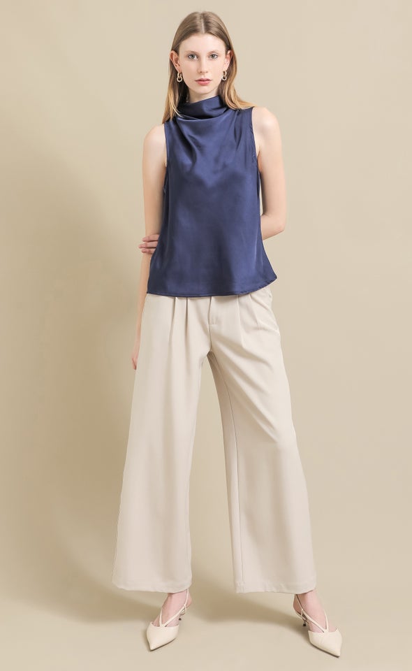 Satin Neck Detail Shell Top Navy