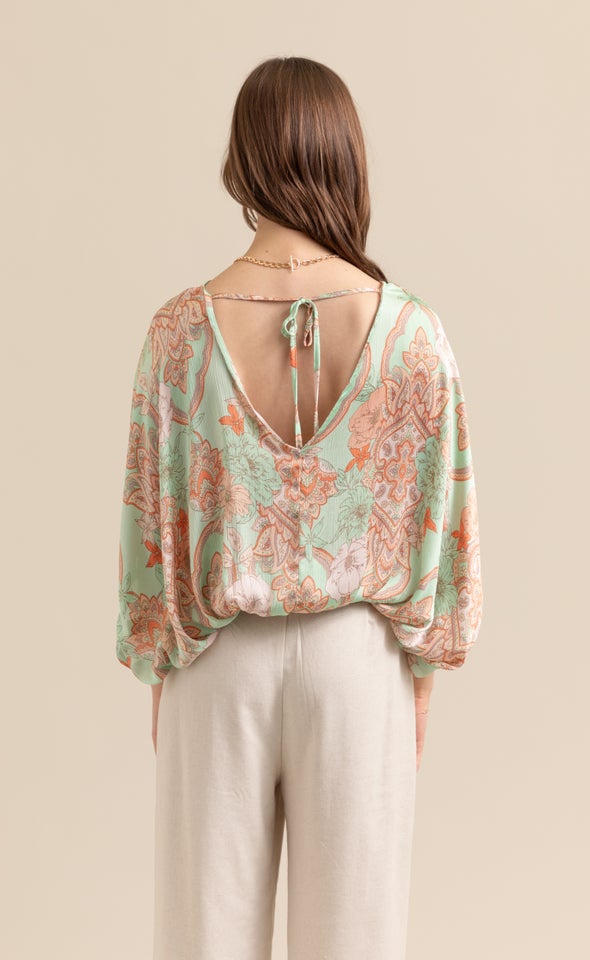 Satin Paisley Kaftan Top Mint/peach