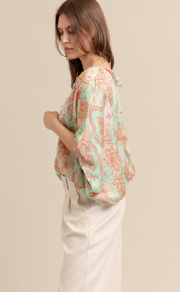 Satin Paisley Kaftan Top Mint/peach