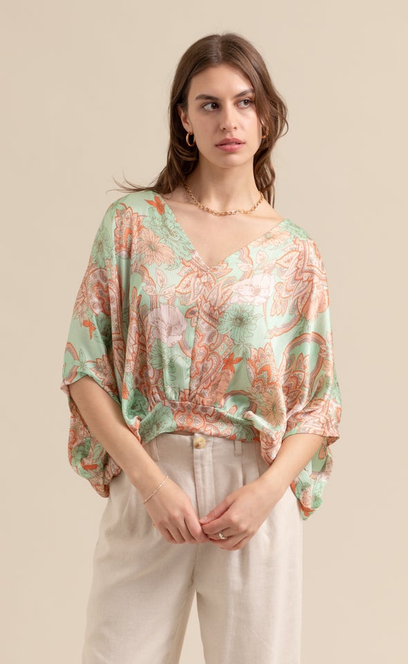 Satin Paisley Kaftan Top Mint/peach