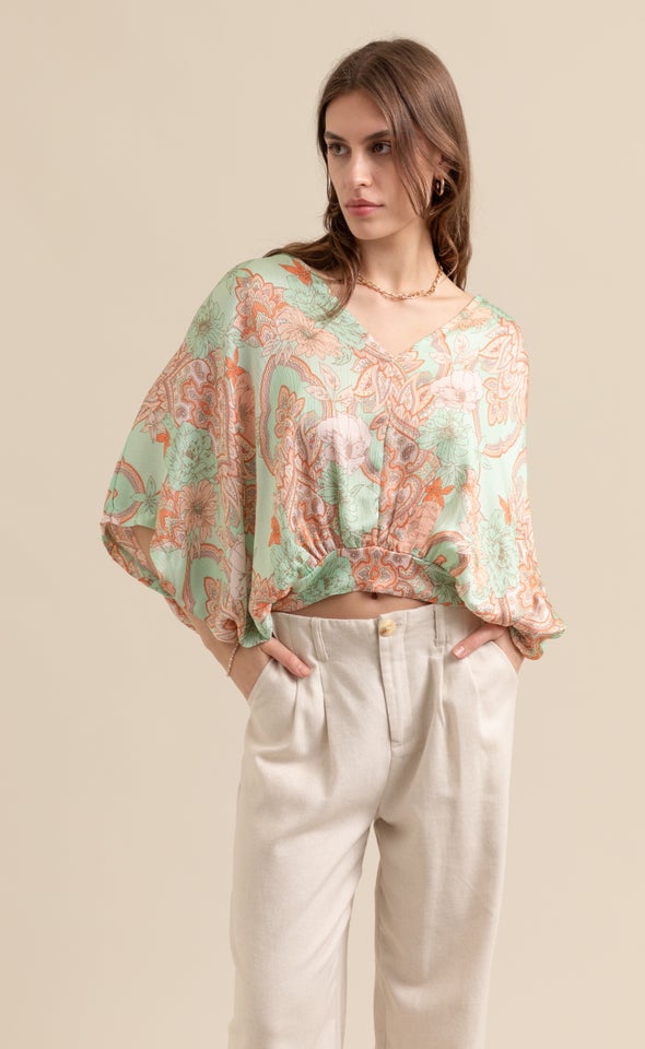 Satin Paisley Kaftan Top Mint/peach