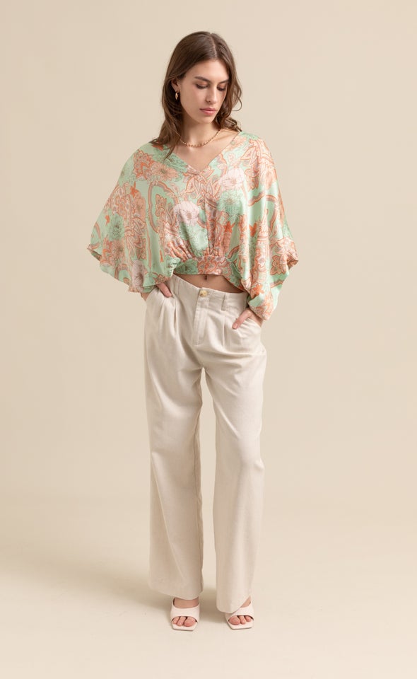 Satin Paisley Kaftan Top Mint/peach