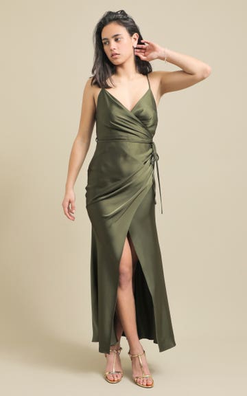 Shop our Satin Pleat Detail Wrap Gown in Olive | Pagani