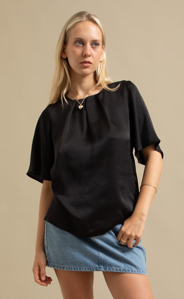 Satin Pleat Front Top Black