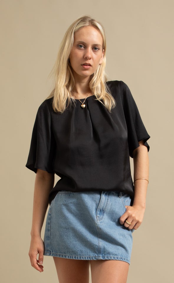 Satin Pleat Front Top Black