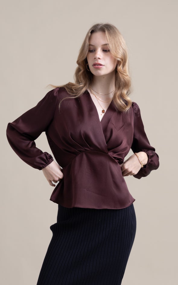 Satin Pleated Cross Front LS Top Chocolate