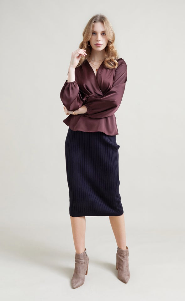 Satin Pleated Cross Front LS Top Chocolate